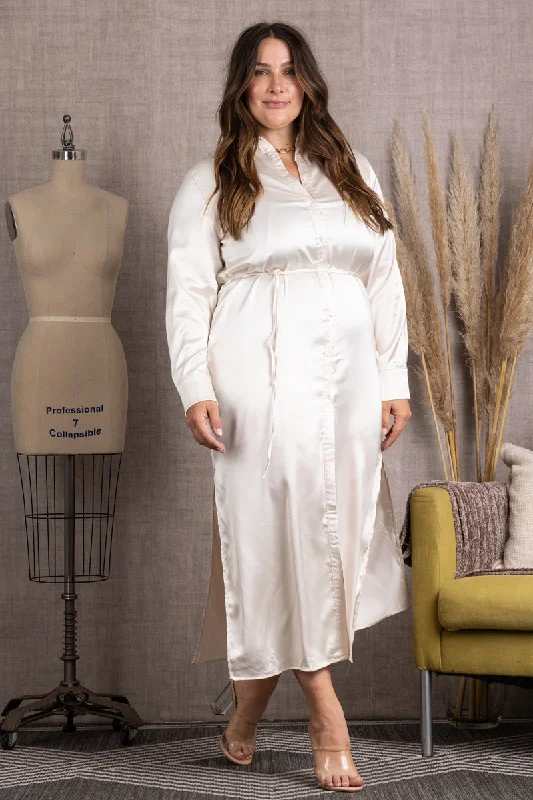 Women's Casual Wear Clothing Chic Outfits IVORY BUTTON DOWN LONG SLEEVES PLUS SIZE MAXI DRESS-M51743WX