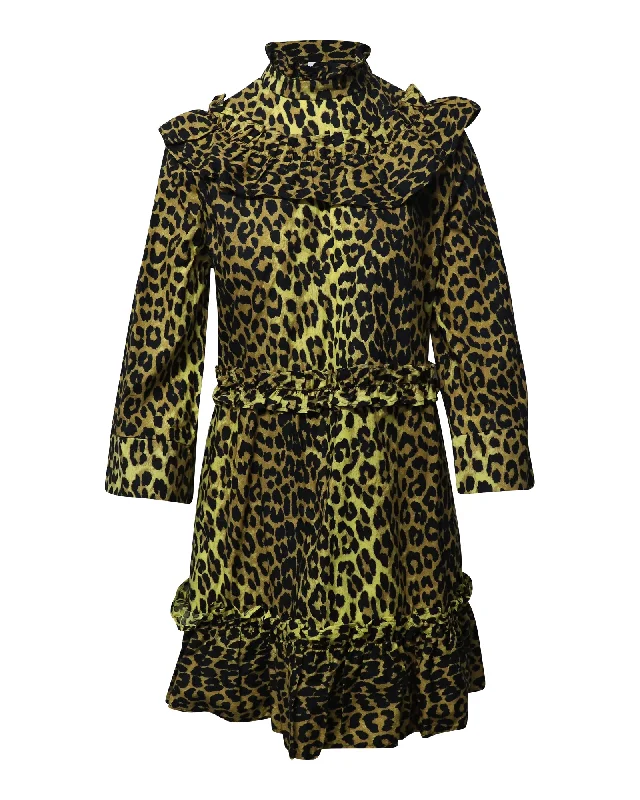 Comfortable Lounge Clothing Everyday Fashion Ganni Leopard Minion Ruffled Mini Dress in Yellow Animal Print Cotton