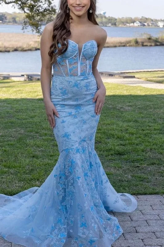 Classic Women's Apparel Top Deals Blue Strapless Lace Appliques Sleeveless Mermaid Formal Prom Dress