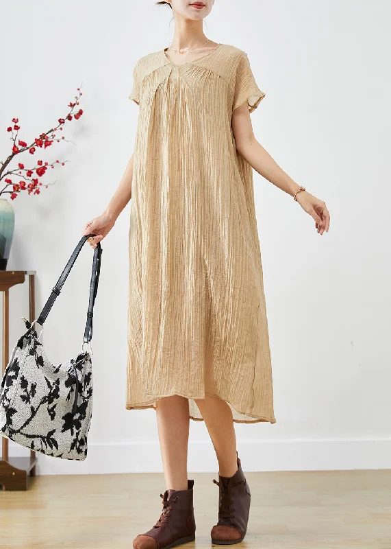 Women's Trendy Apparel Trendy Fashion For Women Art Khaki V Neck Wrinkled Cotton Maxi Dresses Summer