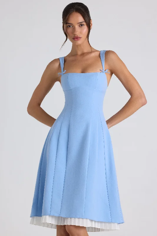 Stylish Women's Outfit Seasonal Trends Bow-Detail Pleated A-Line Midi Dress in Sky Blue