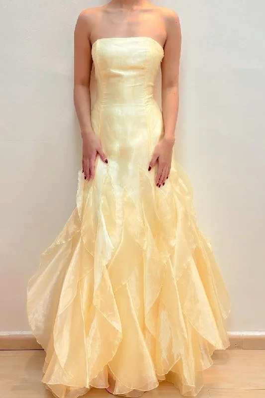 Women's High-Fashion Apparel Unbeatable Prices Yellow Strapless Scoop Neck Ruffles Sleeveless Formal Prom Dress