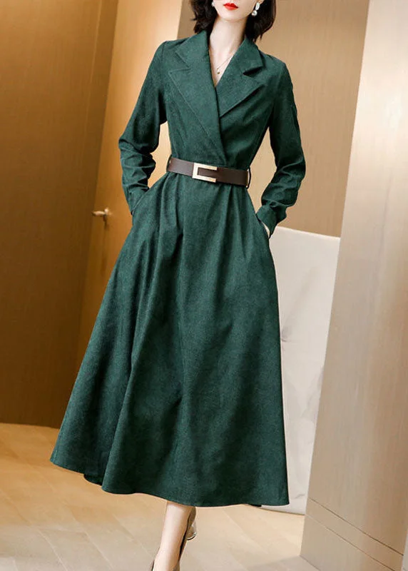 Women's Office Outfit Style Revolution Beautiful Green Notched Collar Sashes Slim Fit Corduroy Maxi Dresses Spring