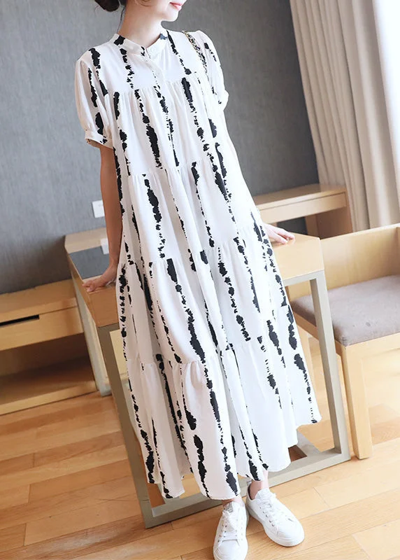 Women's Luxury Garments Spring Wardrobe Plus Size White O-Neck Striped Print Wrinkled Button Maxi Dresses Summer