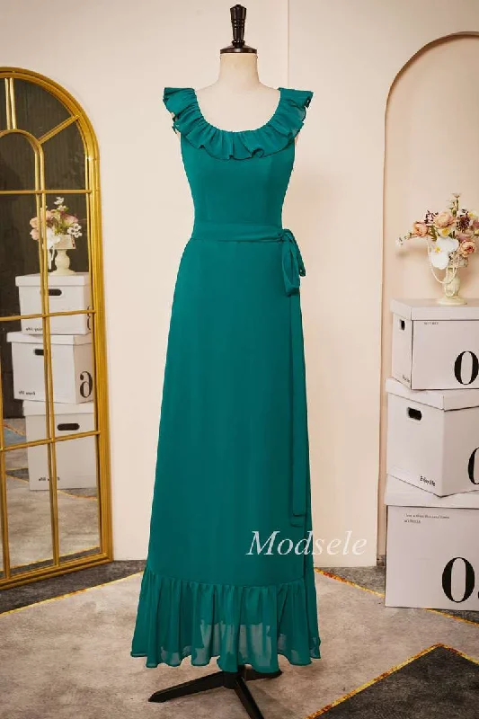 Elegant Women's Evening Garments Quick Grab Deals Emerald Chiffon Sleeveless Ruffle Long Dress with Belt