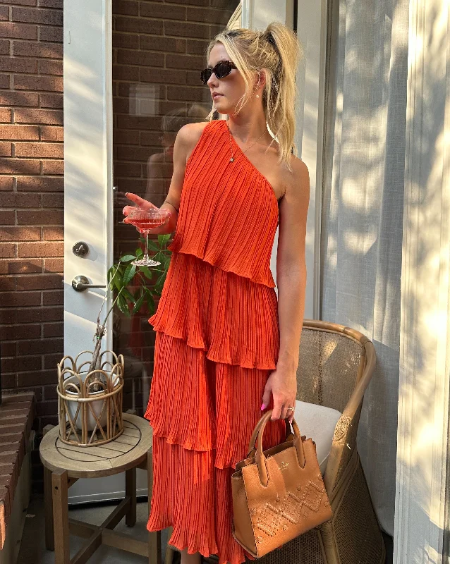 Stylish Outerwear Clothes For Women Trend Leading Collection MEROKEETY One Shoulder Sleeveless Pleated Tiered Maxi Dress