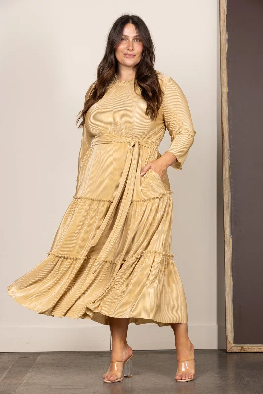 Women's Clothing For Work Wardrobe Refresh GOLD PLEATED SELF-TIE FRONT PLUS SIZE MAXI DRESS VL5846