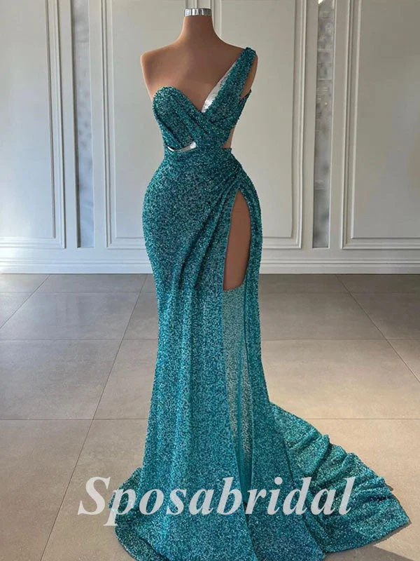 Women's Transitional Outfit Score Big On Glamorous Red - Carpet Styles Sexy Tulle And Sequin Lace One Shoulder V-Neck Sleeveless Side Slit Mermaid Long Prom Dresses,PD3686