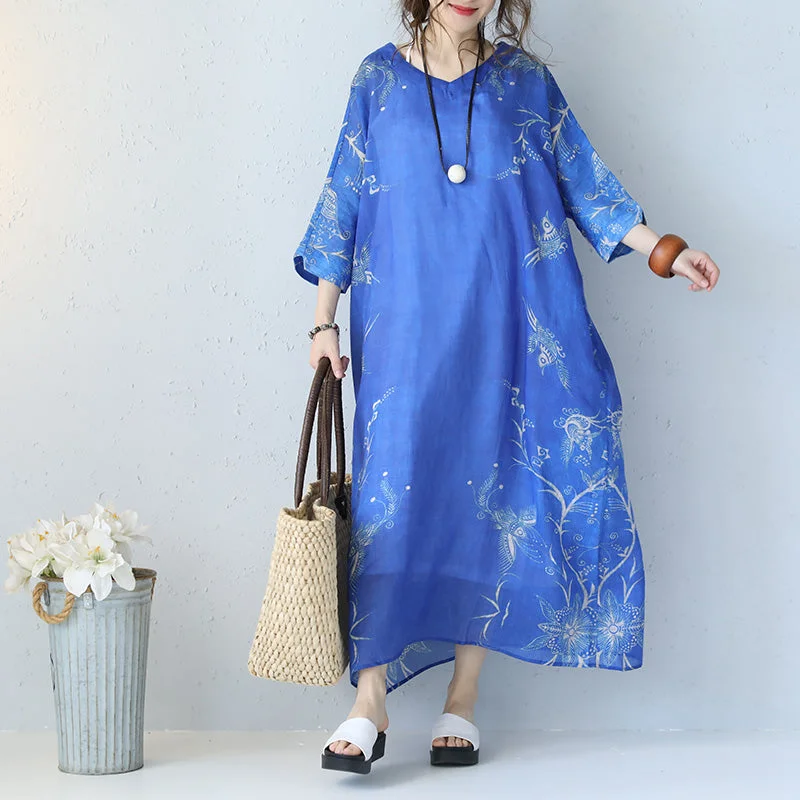 Stylish Outerwear Clothing For Women Final Sale Fine blue prints long linen dress trendy plus size v neck gown Fine bracelet sleeved kaftans