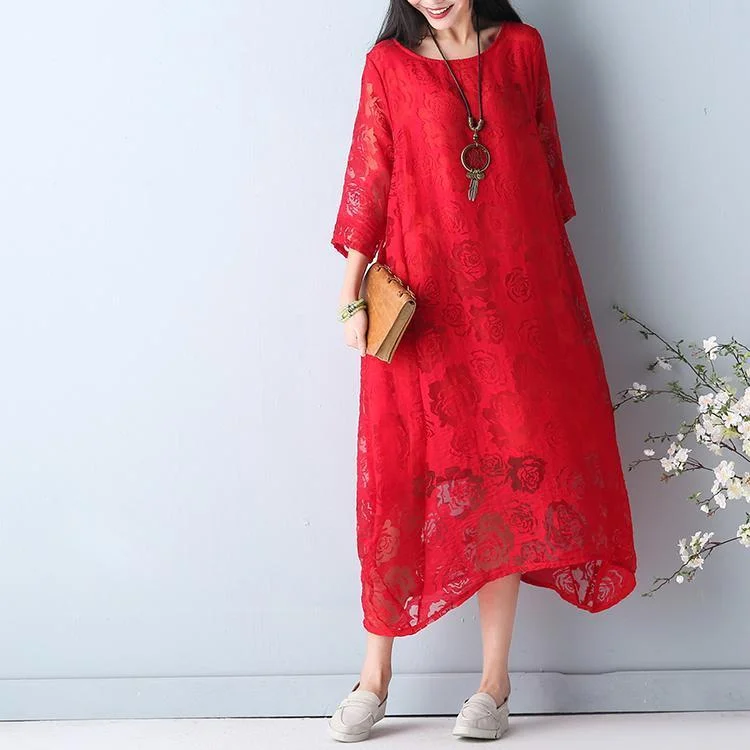 Women's Casual Outfit Trendy Women’S Wear fine red summer hollow out maxi dress o neck Half sleeve summer dress asymmetric chiffon dress