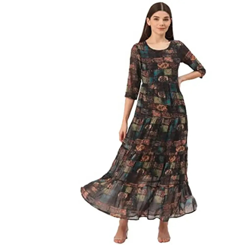 Affordable Women's Apparel Bid Farewell To The Old Season Deewa Women's Polyester Digital Print Maxi Dress(Multicolor)