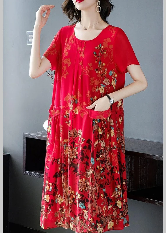 Plus-Size Women's Garments First Order Discount Style Red O-Neck Print Chiffon Maxi Dresses Summer