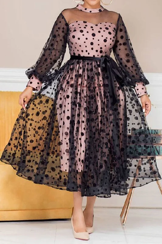 Women's Clothing For Holiday Travel You'Ll Love Us Because Polka Dot Elegant See-Through Midi Dress