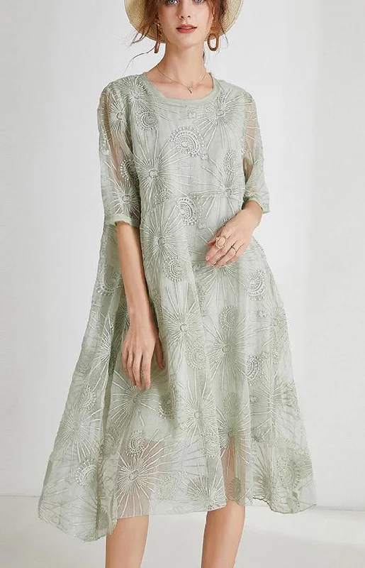 Women's Formal Event Clothing Fashionista Favorites French Light Green Embroidery Chiffon Short Sleeve Summer Maxi Dresses