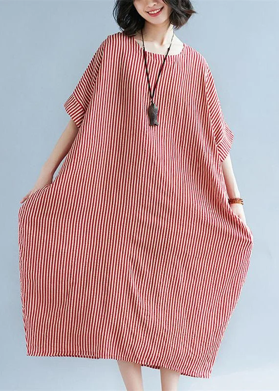 Trendy Athleisure Clothing For Women Elegant Styles Elegant red linen maxi dress plus size O neck striped linen clothing dresses Fine baggy dresses caftans