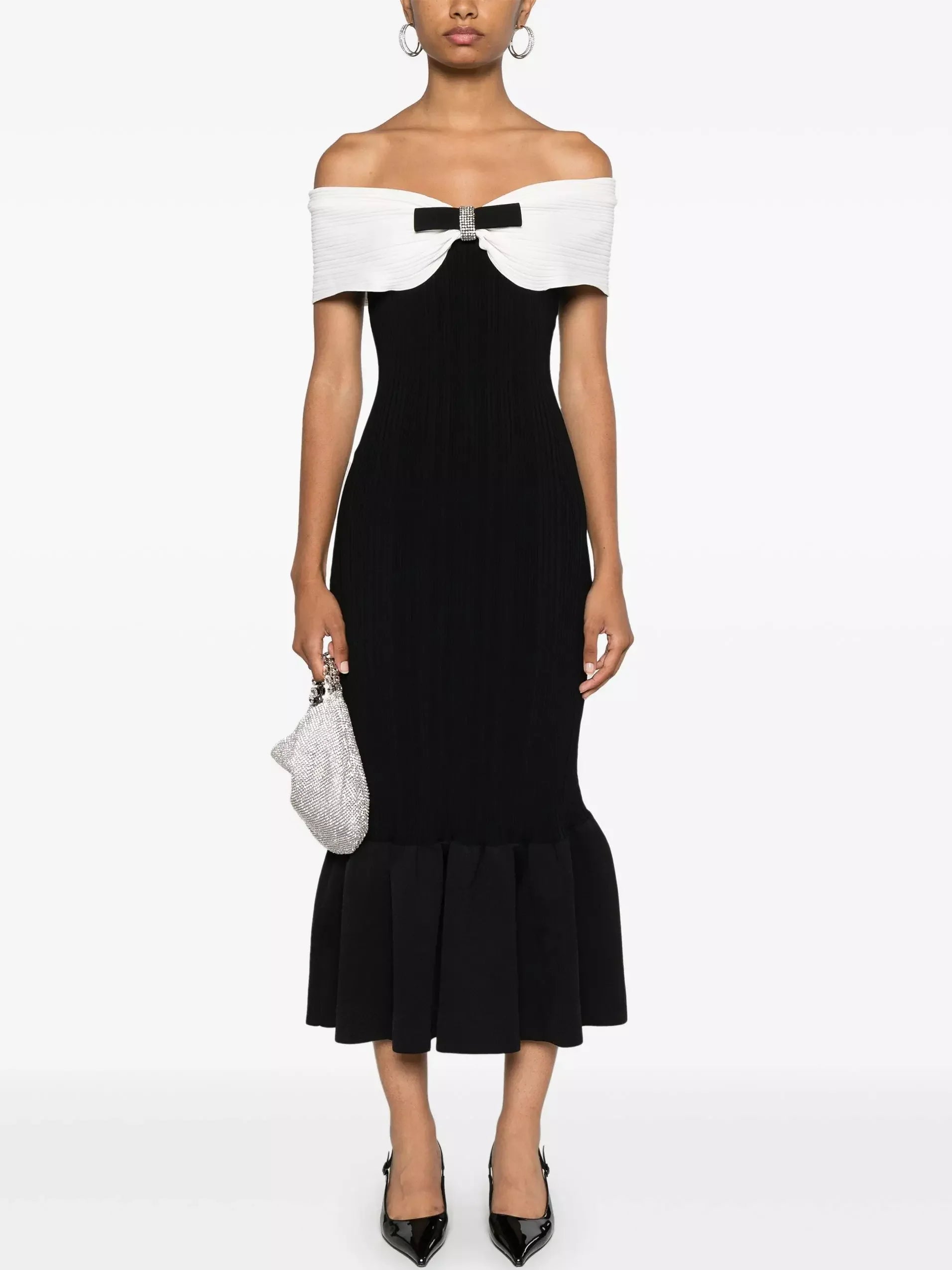 Women's Date Night Outfit Dreamy Draping Bicolor Off-Shoulder Bow-Detail Ribbed Midi Dress