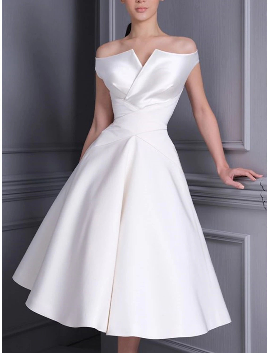 Stylish Women's Clothing Modern Glamour DingJiDress Little White Dresses Wedding Dresses A-Line Off Shoulder Cap Sleeve Tea Length Satin Bridal Gowns With Pleats