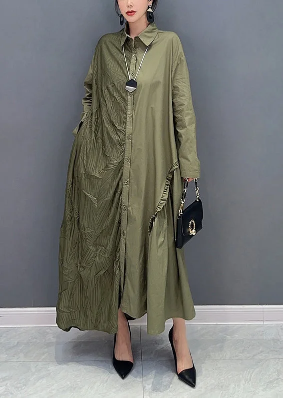 Women's Romantic Outfit Trendy Attire For Her Fine Green Asymmetrical Patchwork Ruffled Wrinkled Maxi Dresses Spring