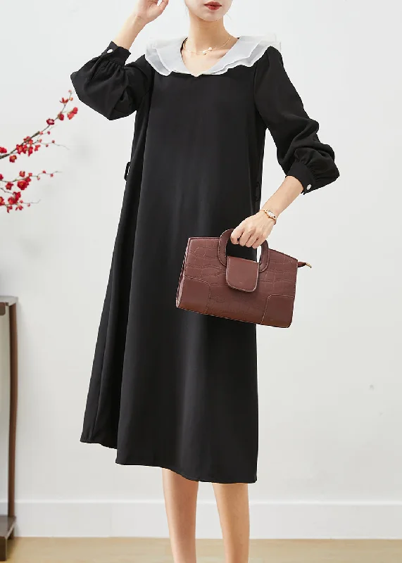 Women's Professional Apparel Casual Fashion Style Black Peter Pan Collar Slim Fit Spandex Maxi Dress Fall