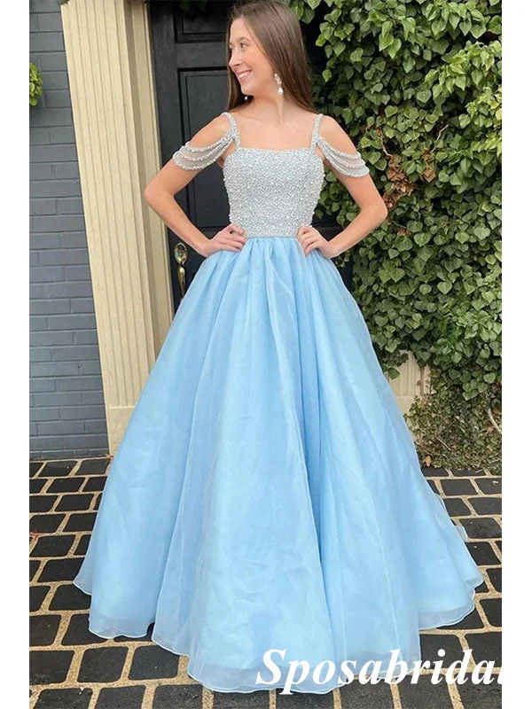 Women's Vacation Outfit Feminine Soft - Hued Look Shiny Special Fabric Beading Sleeveless A-Line Long Prom Dresses, PD3747