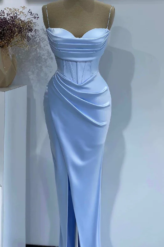 Vintage Clothing For Women Versatile Style Wardrobe Light Blue Spaghetti Straps Satin Pleated Long Formal Dress with Slit