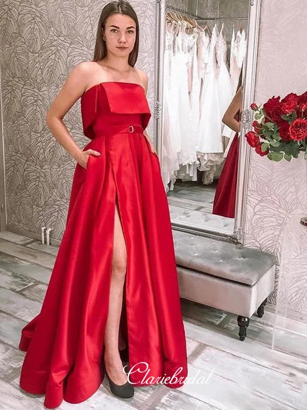 Women's Resort Attire Latest Fashion Strapless Red Color Satin Long Prom Dresses, Affordable Slit 2020 Prom Dresses