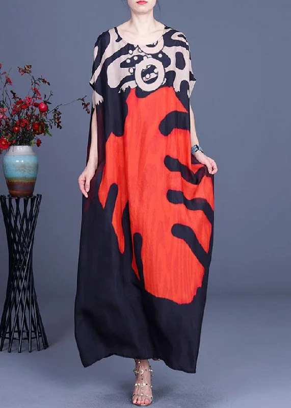 Women's Vacation Outfit Vibrant Styles Bohemian Red Print O-Neck Silk Summer Maxi Dresses