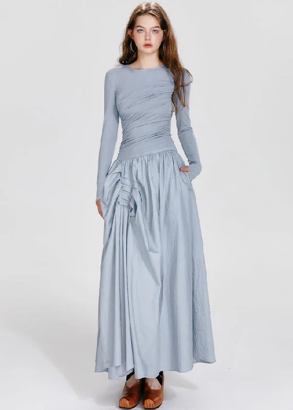 Women's Contemporary Clothing Stylish Savings French Blue O-Neck Asymmetrical Wrinkled Maxi Dresses Fall