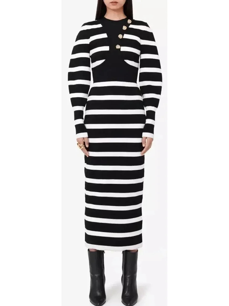 Women's Trendy Casual Outfit Cottagecore Rustic Charm Style Black and White Striped Wool-Blend Midi Dress