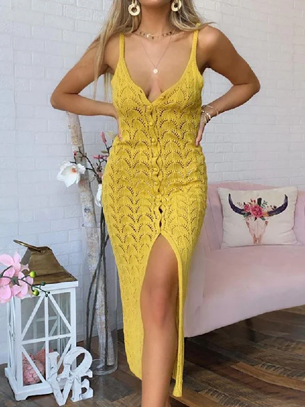 Charming Women's Clothes For Special Events Coastal Beach - Inspired Style Yellow Hollow Knitted Midi Dress Button With Split