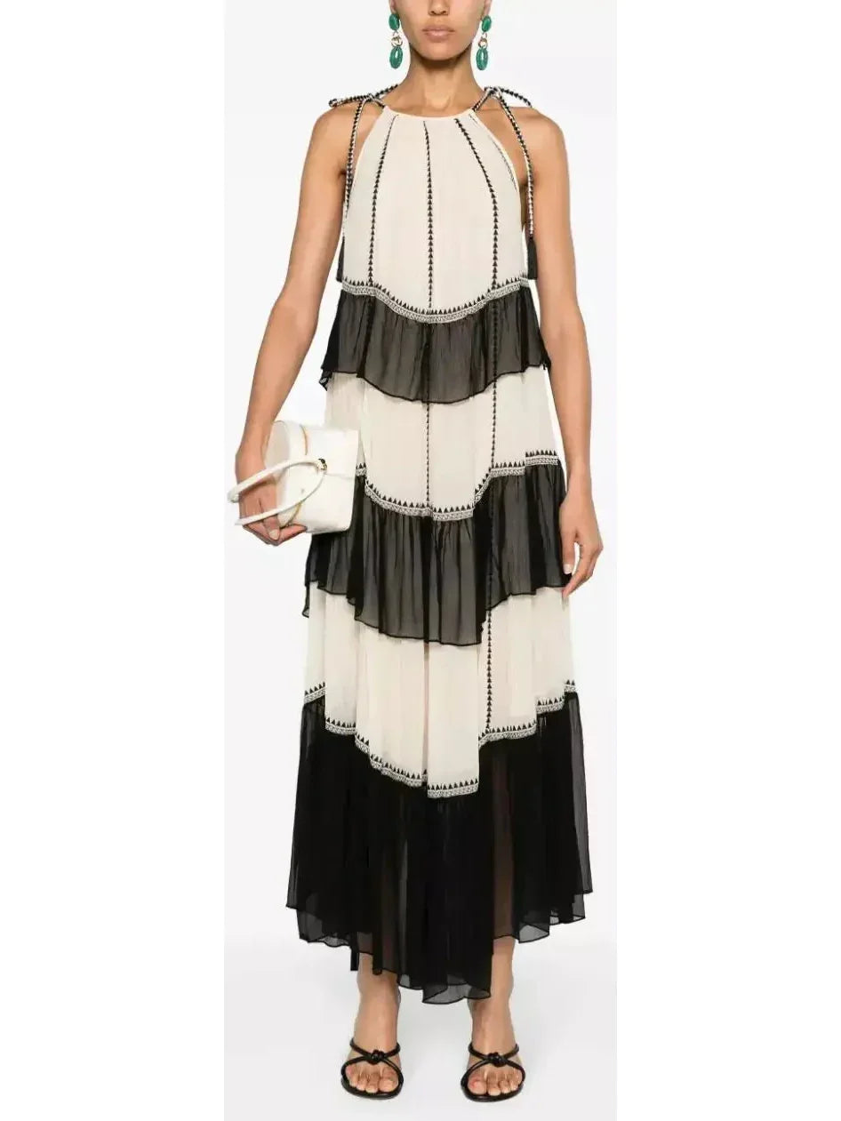 Women's Classic Outfit Rustic Countryside Charm Look Black and White Ruffled Silk Halter-Neck Midi Dress