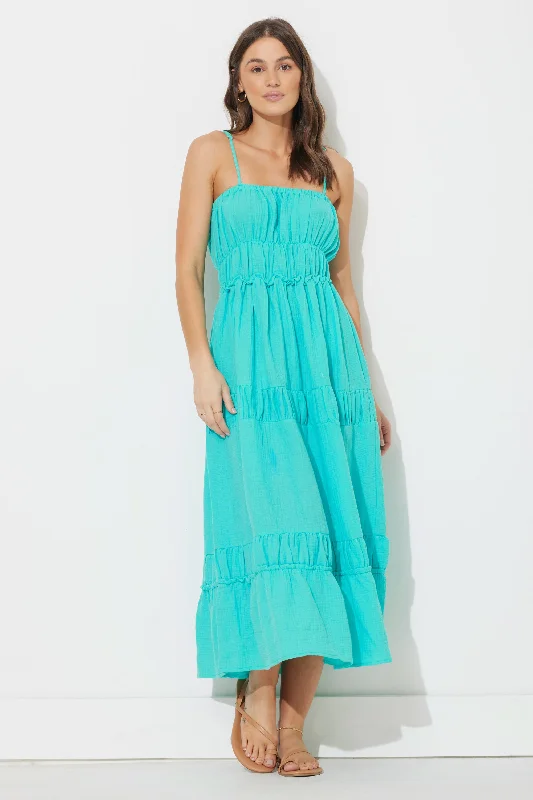 Women's Evening Clothes Trendy Urban Attire Teal Green Solid Gauze Maxi Dress