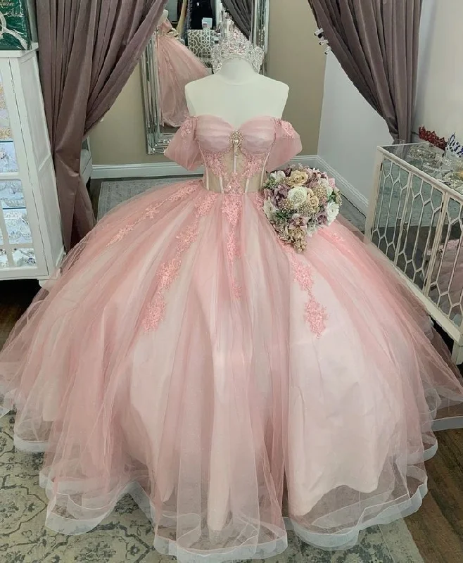 Timeless Women's Apparel Seasonal Style Discounts Pink Off Shoulder A-Line Tulle Sweet 16 Birthday Ball Gown Quinceanera Dress, D352