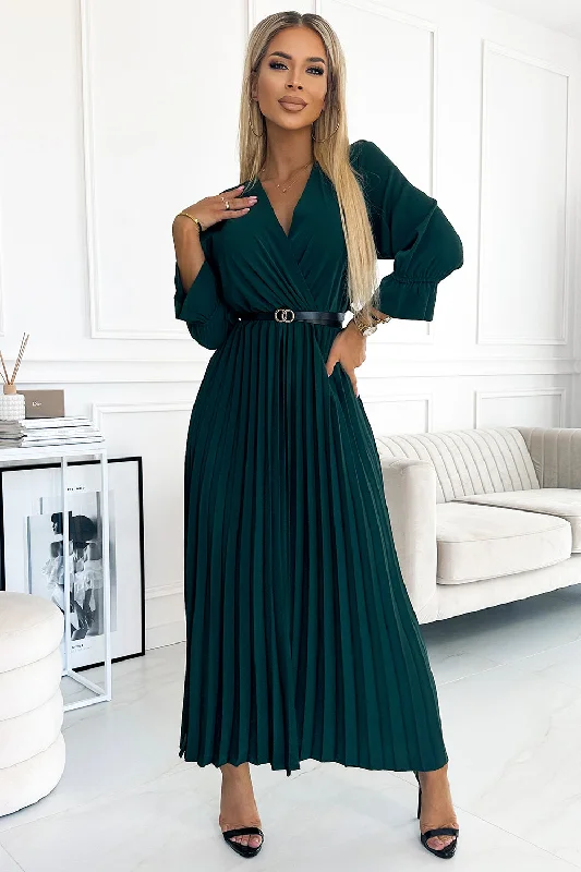 Women's Casual Wear Clothes Runway Inspired Wear Pleated maxi dress with a neckline; belt and 3/4 sleeves - green