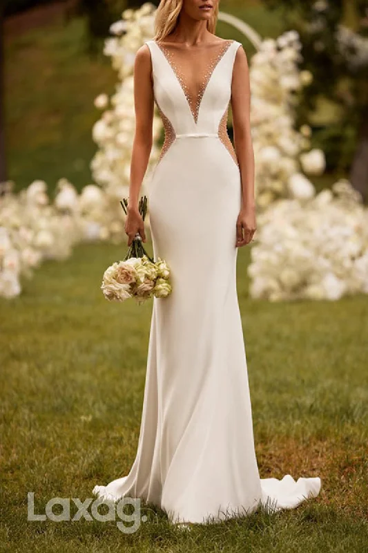 Women's Seasonal Apparel Chic & Cozy Apparel 22663 - Low V-Neck Beaded illusion Sleek Satin Elegant Mermaid Wedding Dress