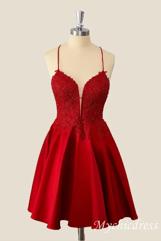 Women's Clothing Apparel Contemporary Chic Red Short A-Line 2025 Homecoming Dress Lace Satin Appliques