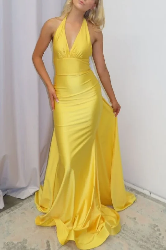 Affordable Women's Attire Exclusive Sale Yellow Halter V-Neck Pleated Satin Mermaid Long Prom Formal Dress