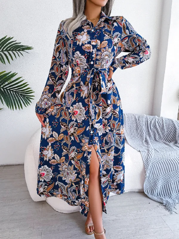 Comfortable Women's Clothes Contemporary Elegance Tied Printed Long Sleeve Midi Dress