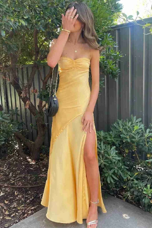 Women's Stylish Outdoor Outfit Seasonal Sale Simple Yellow Spaghetti Straps Satin Long Prom Formal Dress with Slit