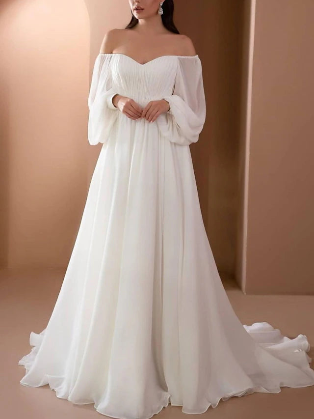 Stylish Clothes For Women Boutique Styles DingJiDress Beach Vintage Wedding Dresses A-Line Off Shoulder Long Sleeve Court Train Chiffon Bridal Gowns With Pleats Beading