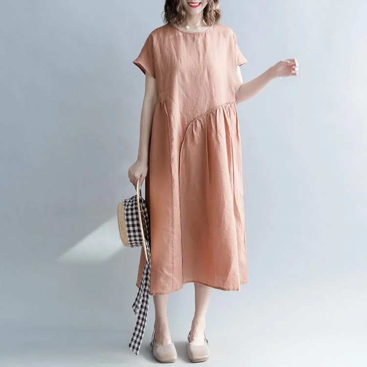 Women's Fashionable Clothing Sets Big Discounts Fine brown long linen dresses plus size clothing o neck patchwork gown Elegant short sleeve baggy dresses