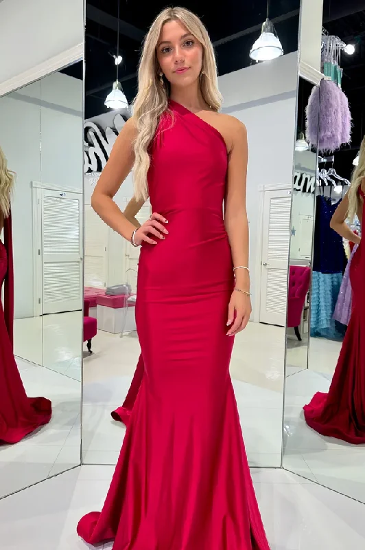 Women's Timeless Attire Hot Trends One Shoulder Red Mermaid Sleeveless Satin Long Prom Dress