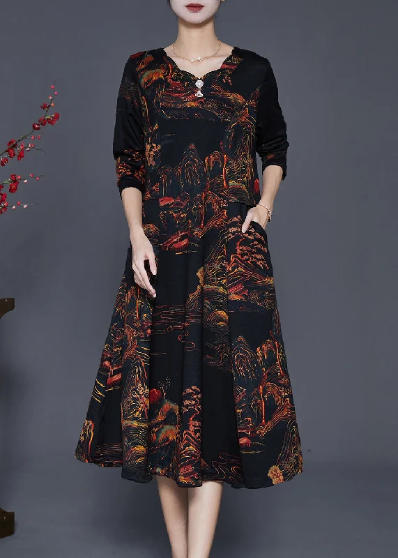 Women's High-Fashion Attire Great Prices On Feminine Styles Casual Black Print Exra Large Hem Cotton Maxi Dress Fall