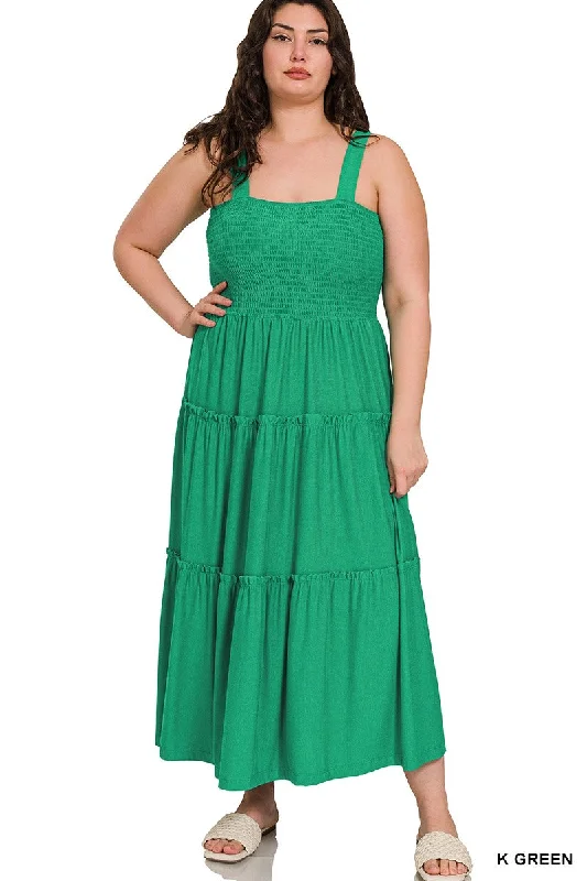 Women's Travel Outfit Set Style Without Limits Kelly Green Smocked Top Tiered Midi Dress