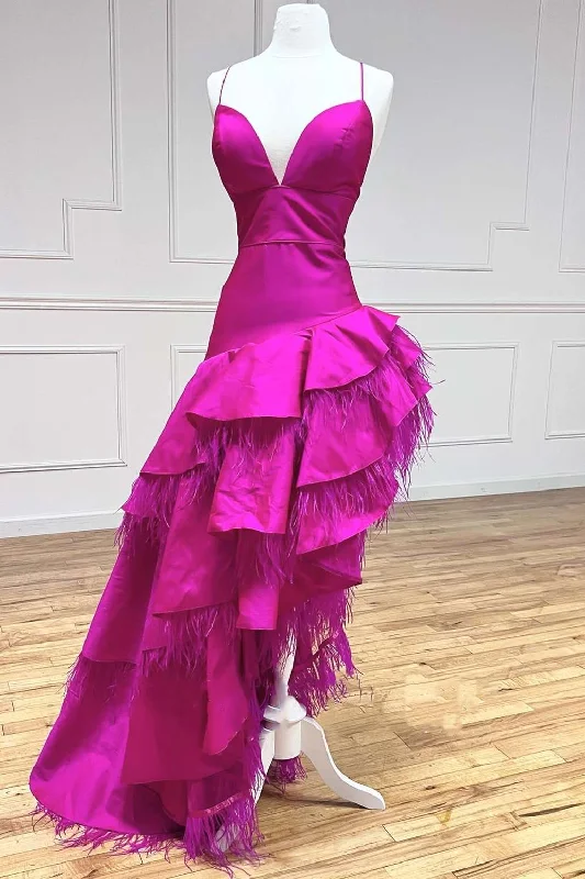 Timeless Women's Clothing Trendsetter's Closet Magenta Satin Feather V-Neck High-Low Prom Dress