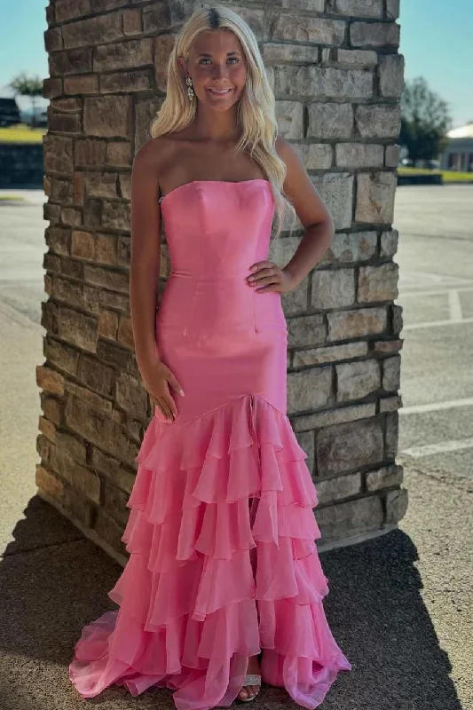 Women's Luxury Garments Stylish Savings Pink Strapless Scoop Tiered Sleeveless Long Prom Formal Dress with Slit