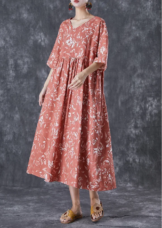 Women's Transitional Apparel Classic Appeal DIY Brick Red V Neck Print Linen Maxi Dress Summer