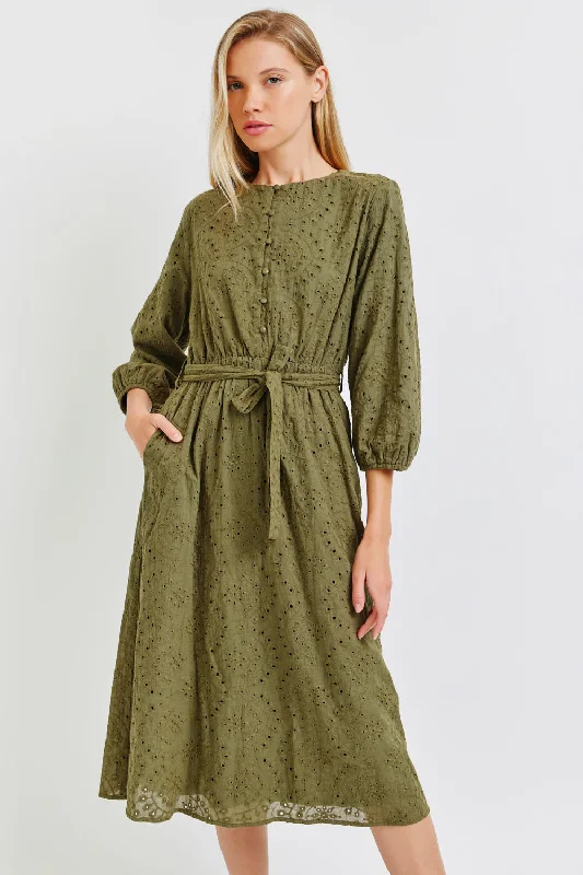 Women's Cozy Clothes Feminine Soft - Hued Look The Sloane Embroidered Midi Dress in Olive