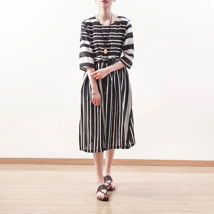 Affordable Women's Clothes Limited-Time Offer New black white striped natural linen dress Loose fitting tie waist traveling clothing Elegant bracelet sleeved gown