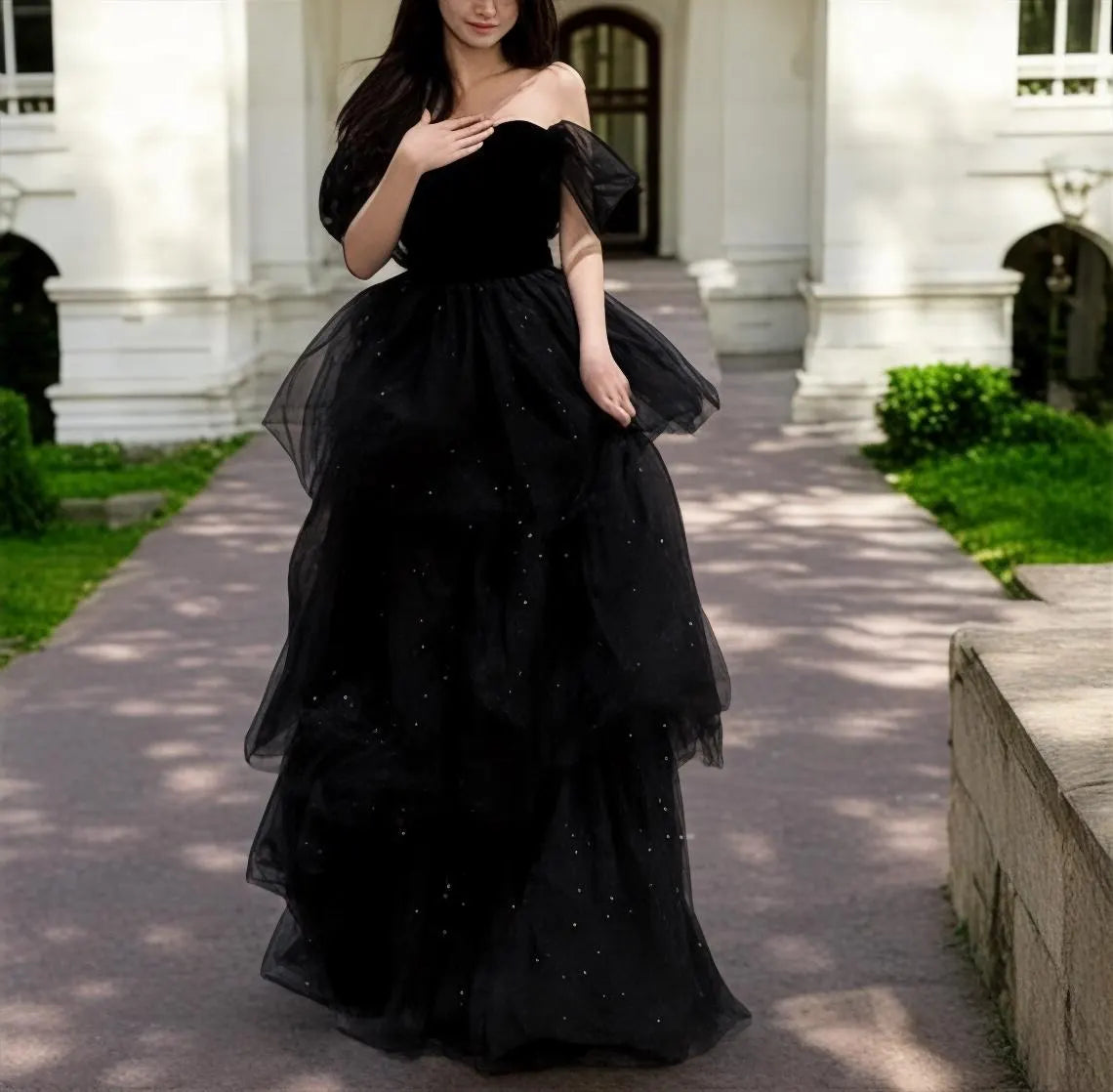 Women's Transitional Clothes Shop Our Looks Black Glitter Tulle Puffy Prom Dress, Off Shoulder Evening Prom Dress, Wedding Dress, Princess Dress, School Party Dress, Bridal Dress